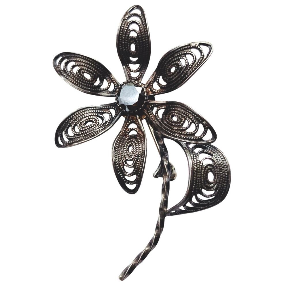 VTG Sterling Silver 925 Gemstone Brooch Mid Century Filigree Flower Black Spinel